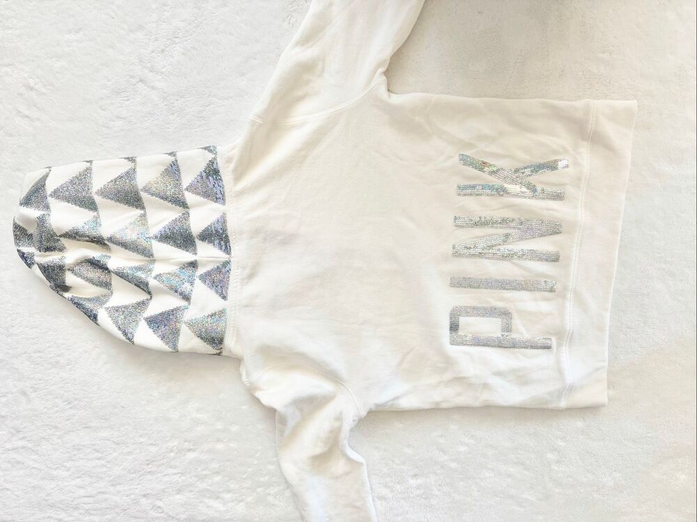 PINK Victoria’s Secret White Holographic Sequin Zip Hoodie Y2K Bling Women’s Sma - Picture 9 of 12